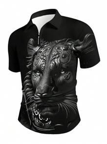 Manfinity Homme 男士时尚 3D 动物印花短袖领 Polo 衫 - 灰色 - 查看 1