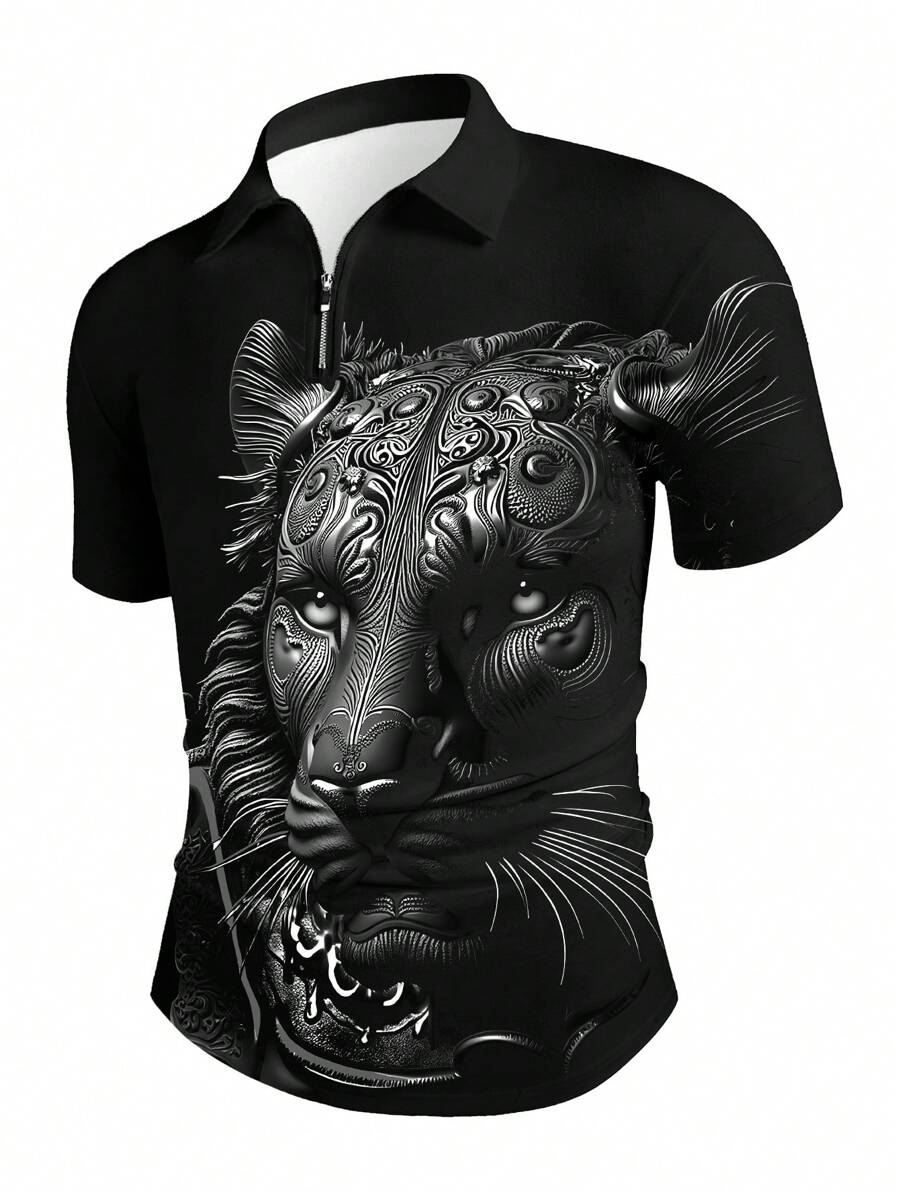 Manfinity Homme 男士时尚 3D 动物印花短袖领 Polo 衫 - 灰色 - 查看 1