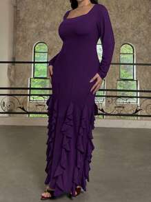 SHEIN Privé Elegant Plus Size Fitted Long A-Line Dress, Square Neck Long Sleeve, Ruffle Hem Design, Suitable For Commuting, Dating, And Concerts