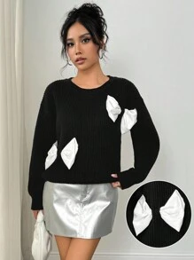 Chiquease Autumn/Winter Contrast Color, Bow Decor, Loose Warm And Comfortable Pullover Sweater