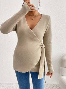 SHEIN Jersey de manga larga con cierre envolvente y nudo a la cintura, de unicolor y estilo informal para mujeres embarazadas, para otoño/invierno, de maternidad