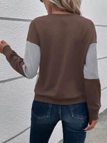 EMERY ROSE Women's Casual Contrast Color Round Neck Drop Shoulder Long Sleeve Loose Sweatshirt For Autumn Pullover Fall Outfit - Coffee Brown - View 2