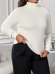 Celure Plus Size Solid Color Turtleneck Fitted Sweater, For Autumn/Winter Knit Pullover Fall - White - View 4