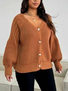 Celure Plus Size Simple Stylish Button Lantern Sleeve Cardigan, Suitable For Autumn & Winter, Fall - Brown - View 4