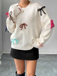 Chiquease Suéter Casual Feminino com Bloco de Cores e Laço Fofo, Outono/Inverno