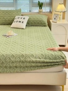 1 件绿色毛绒天鹅绒床笠温暖簇绒波西米亚条纹图案柔软纯色毛绒床笠特大号双人床尺寸，奢华超柔软舒适床单，带 12 英寸深口袋，适合秋冬和春季，无枕套