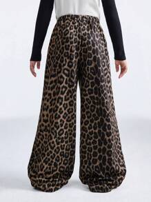 SHEIN Tween Girls Spring/Summer Leopard Brown Baggy Wide Leg Sweatpants - Brown - View 2