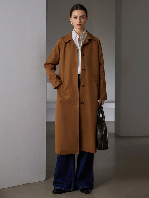 Aveloria Modichic Premium Commuting V-Neck Vintage Plaid Straight Stand Collar Button Front Patch Pocket Loose Women Long Trench Coat 