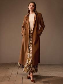 MOTF PREMIUM SUEDETTE SOLID BUCKLE BELTED DOUBLE BREASTED PLACKET LONG TRENCH COAT