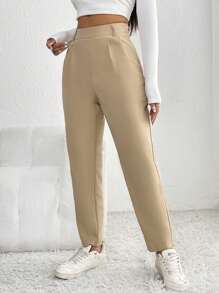 SHEIN PETITE High Waist Fold Pleated Detail Pants - Khaki - View 6