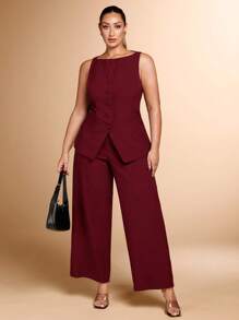 SHEIN BAE Plus Size 2pcs Elegant Daily Commuting Women's Red Boat Neck Sleeveless Vest And Wide-Leg Trousers Business Commuting Two-Piece Suits Women Set