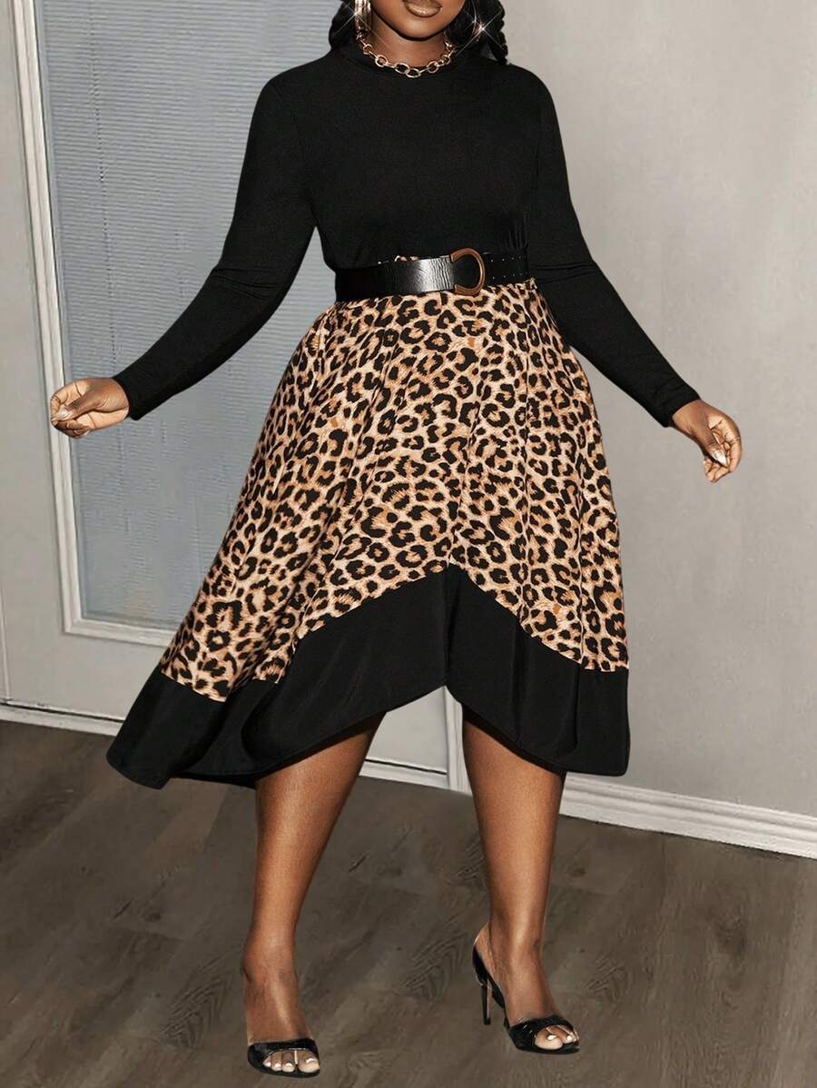 Slaydiva New Thanksgiving Outfit Women Clothes Winter Women Business Casual Asymmetrical Hem Black Leopard Print Long Sleeve Knit Midi Dress For Holiday, Christmas, New Year - Multicolor - View 1