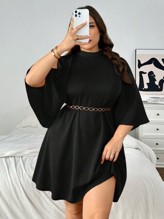 SHEIN Privé Plus size damfladdermus ärm Halterneck Lös A-line klänning, lämplig för bröllop, semester, vinröd färg, nyinkomst