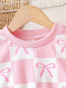 2pcs/Set Young Girl Casual Minimalist Pink Bow Decor Cute Style Outfit