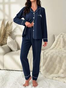 纯色口袋蝴蝶结装饰长袖上衣和裤子睡衣套装，舒适优雅细节，秋冬服装