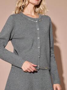 Enchnt Áo len cardigan đính pha lê phong cách Chanel cao cấp cho nữ - Xám - Xem 12