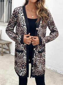 SHEIN Clasi 1 Pc Women Leopard Print Button Front Long Sleeve Pocket Casual Contrast Jacket - Coffee Brown - View 5