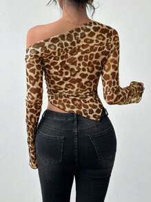 Selianne American Sexy Girl Leopard Print Sheer Mesh Batwing Sleeve Slim Fit Cover Up T-Shirt, Random Flower Pattern Graphic Cheetah Print Tees Women Tops Fall Cloth For Women - Multicolor - View 2