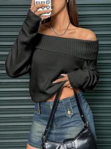 SHEIN Unity 女士纯色翻边露肩罗纹针织套头衫秋冬款 - 黑色 - 查看 4