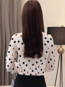 INAWLY 女式春夏系带长袖波尔卡圆点印花休闲衬衫、长袖上衣 - 黑色 - 查看 2