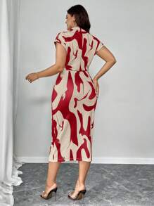 Elenzga Plus Size Women's Knitted Stretch Dress For Spring & Summer - Sexy Slim-Fitting, Waist-Cinching, Bodycon, Irregular Striped Print, Short-Sleeve, Small Stand Collar, Multi-Color, Simple Style For Office Commute And Daily Wear - Multicolor - View 2