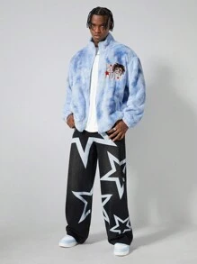 ROMWE MEN Street Life Men Plush Cartoon & Letter Embroidery Long Sleeve Jacket, Autumn/Winter - Blue - View 3