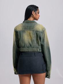 SHEIN ICON Áo khoác denim ngắn cổ điển cho nữ dây rộng - Rửa trung bình - Xem 2