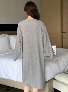 DAZY Ribbed Knit Fabric Cute Cherry Print Loose Nightgown, Winter - Grey - View 2