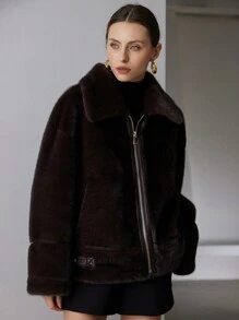 Aveloria Modichic Chaqueta de invierno de lujo con parches de piel de visón y, estilo retro americano con abrigo esponjoso, cremallera metálica, ropa de abrigo casual gruesa y cálida para mujer. Chaqueta de aviador con forro de borrego para ropa de fiesta navideña