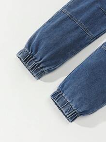 SHEIN Tween-Jungen Vintage Lässig Streetwear Style Mehrere Taschen Locker Bequem Voll Elastische Taille Kordelzug Manschette Denim Cargo Hose