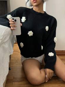 SHEIN Essnce Damen Lässig 3D Blumen Dekoration Pullover für Herbst/Winter, Schwarz-Weiß Pullover, Erntedankfest, Weihnachten, Herbst/Winter, Silvester