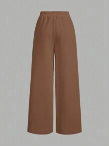 SHEIN EZwear 2pcs/Set Plus Size Black & Brown Knotted Casual Wide Leg Pants - Coffee Brown - View 4