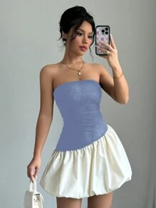 Elenzga Set de 2 vestidos cortos de cintura baja con bloque de color, sin tirantes y fruncidos