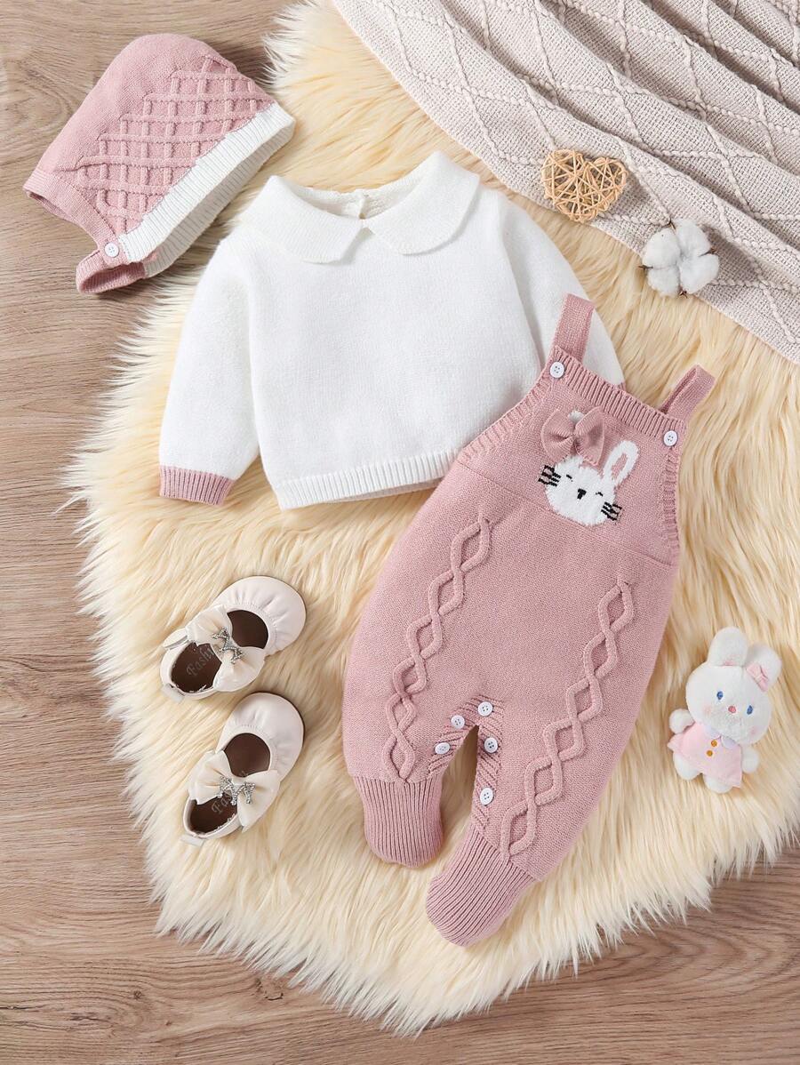 SHEIN Vintaside Kids 女婴毛衣连体衣,针织长袖高领连脚连体衣,秋冬季舒适保暖,粉色、杏色,优雅百搭,刺绣卡通图案,适合日常穿着、居家、户外和旅行 - 彩色 - 查看 1