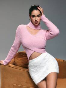 Zolique Women High Neck Hollow Out Studded Pearl Long Sleeve Sweater Knit Pullover Fall Winter Outfit - Pink - View 7
