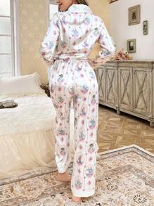 Pijama de manga larga con estampado de conejo y flores para mujer, romántico para otoño/invierno