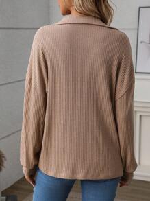 SHEIN LUNE 女式纯色长袖纽扣休闲宽松衬衫，秋季 - 卡其色 - 查看 2