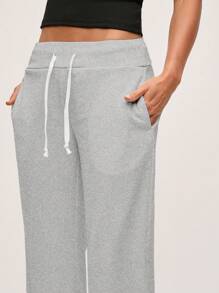 SHEIN BASICS Quần nỉ dệt kim lưng thấp dáng rộng màu trơn thường ngày cho nữ - Xám - Xem 5