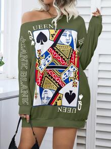 Calvaya 大码时尚不对称领口卡片印花运动衫 - 軍綠色 - 查看 5