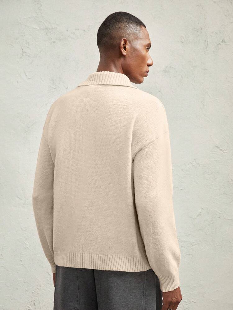 Men's Loose Drop Shoulder Long Sleeve Casual Split Pocket Cardigan Short Knitted Sweater, Suitable For Autumn/Winter, Light Pink Color