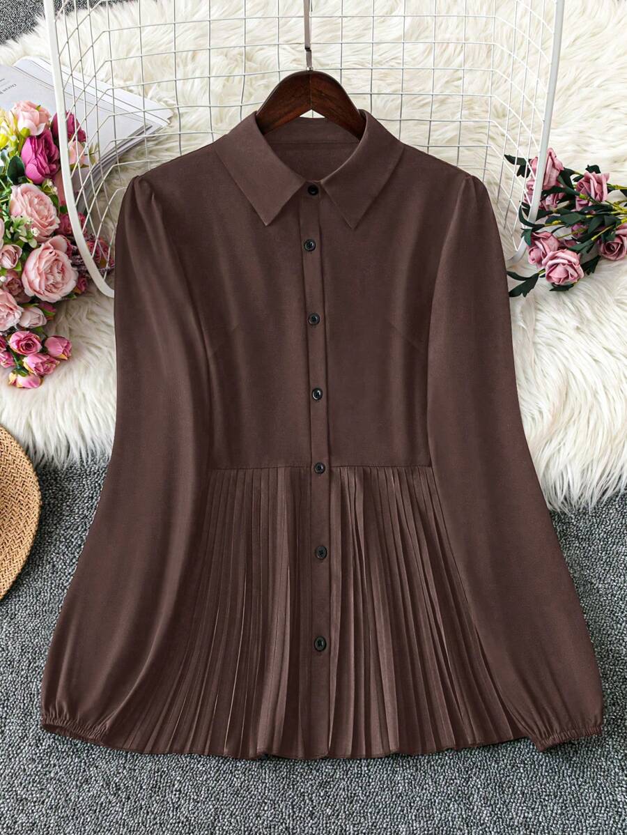 SHEIN Franclia 女士休闲纯色翻领褶边衬衫女士衬衫 - 咖啡棕 - 查看 1