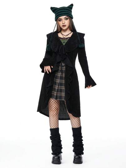 Women's Fairycore Vintage Asymmetrical Ruffle Tie Front Long Cardigan