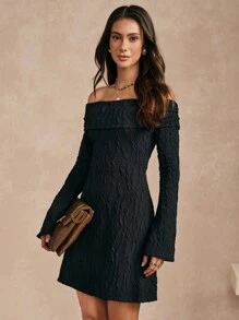 SHEIN Unity Women Casual Off-Shoulder Textured Knit Mini Dress, Autumn Fall Cloth For Women - Black - View 4