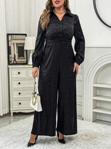 Flirla Plus Size Women's Leopard Pattern Jacquard Lantern Sleeve Wide Leg Elegant Jumpsuit, Suitable For Commuting In Autumn Fall Cloth For Women - Black - View 5