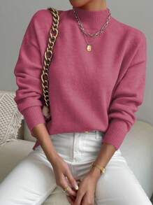 SHEIN LUNE 秋冬季休闲纯色落肩立领毛衣 - 乾枯玫瑰色 - 查看 3