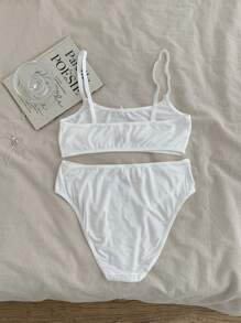 SHEIN 少女简约舒适蝴蝶结装饰吊带背心和柔软三角内裤套装，2 件纯色贴身衣物 - 白色 - 查看 5
