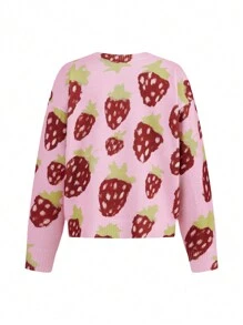 Tartagain Artist Strawberry Pattern Loose Fit Crew Neck Knit Sweater, Suitable For Holiday, Vacation, Festival, Ibiza Fits - Pink - View 2