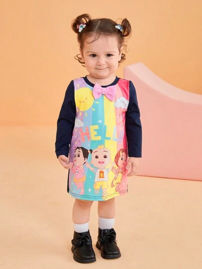 CoComelon X SHEIN Baby Girl Cute Cartoon Character & Rainbow Heart Printed Bow Decor Dress, Suitable For All Seasons