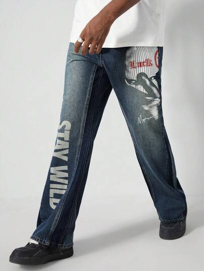 Street Life Jeans évasés à la mode et polyvalents avec motif de lettres et de portraits lavés pour hommes