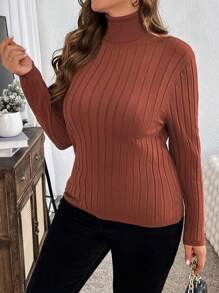 SHEIN Clasi Plus Size Women's Elegant Casual Work Everyday Basic Versatile Ribbed High Neck Slim Fitting Base Layer Pullover Top Basic Sweaterbusiness Casual Woman,Work Wear,Fall Wedding Guest Dress,